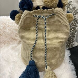 Handcrafted Beige and Blue Pom-Pom Kids Backpack